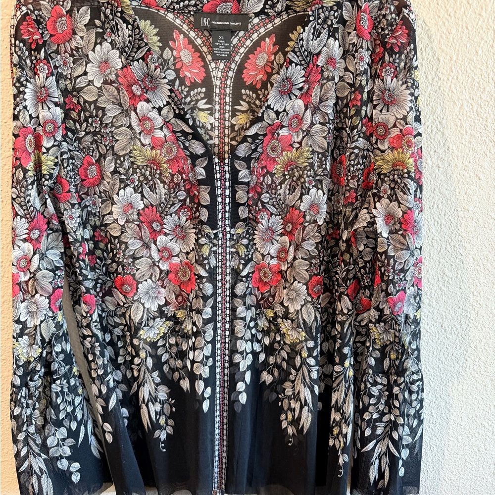 INC International Concepts - Women’s Black and Orange Floral Mesh Blouse - XL
